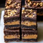 Ultimate Triple Layer Peanut Butter Crunch Brownies. shot