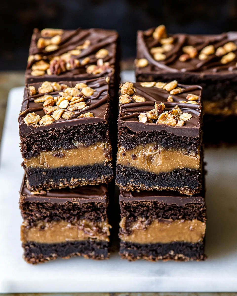 Ultimate Triple Layer Peanut Butter Crunch Brownies. shot