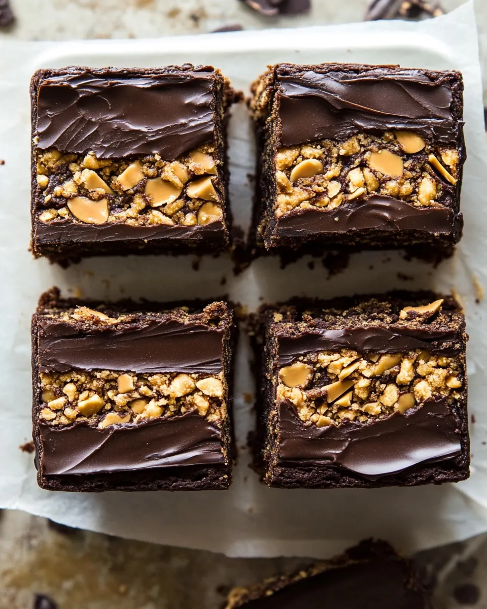 Simple Triple Layer Peanut Butter Crunch Brownies. recipe photo
