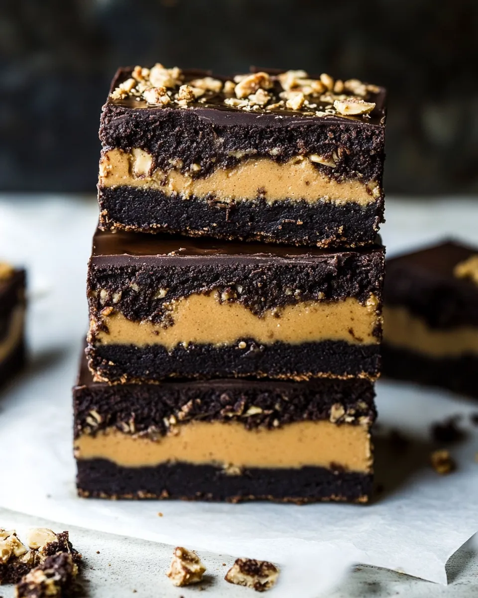 Tasty Triple Layer Peanut Butter Crunch Brownies. recipe image
