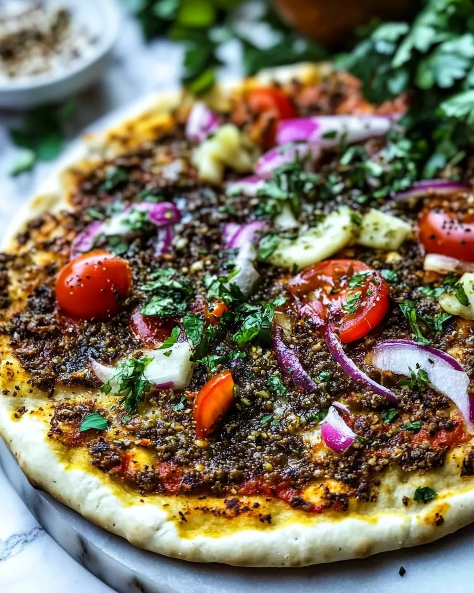 Delicious Turkish Pizza Lahmacun food shot