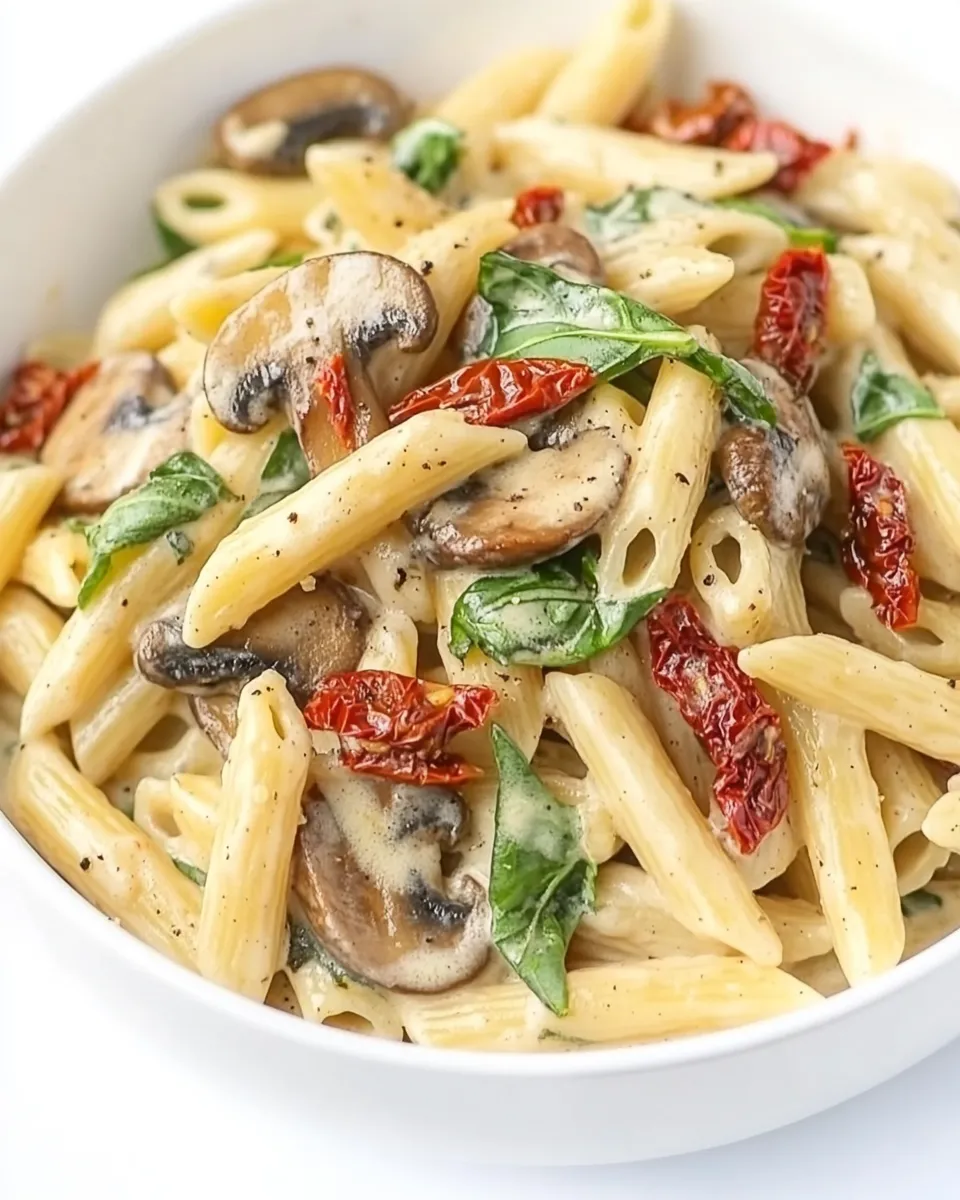 Savory Vegan Creamy Mushroom Pasta with Sun-Dried Tomato shot