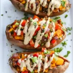 Homemade Veggie Fajita Stuffed Sweet Potatoes with a Chipotle Drizzle. photo