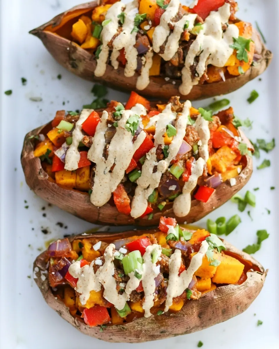 Homemade Veggie Fajita Stuffed Sweet Potatoes with a Chipotle Drizzle. photo