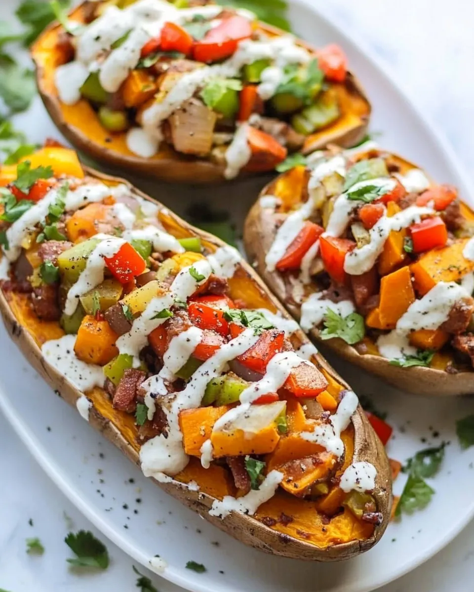 Easy Veggie Fajita Stuffed Sweet Potatoes with a Chipotle Drizzle. image