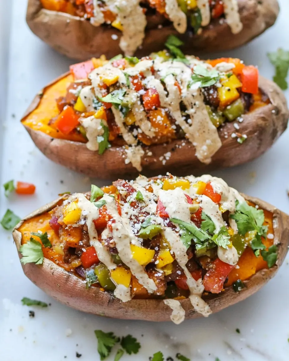 Delicious Veggie Fajita Stuffed Sweet Potatoes with a Chipotle Drizzle. recipe photo