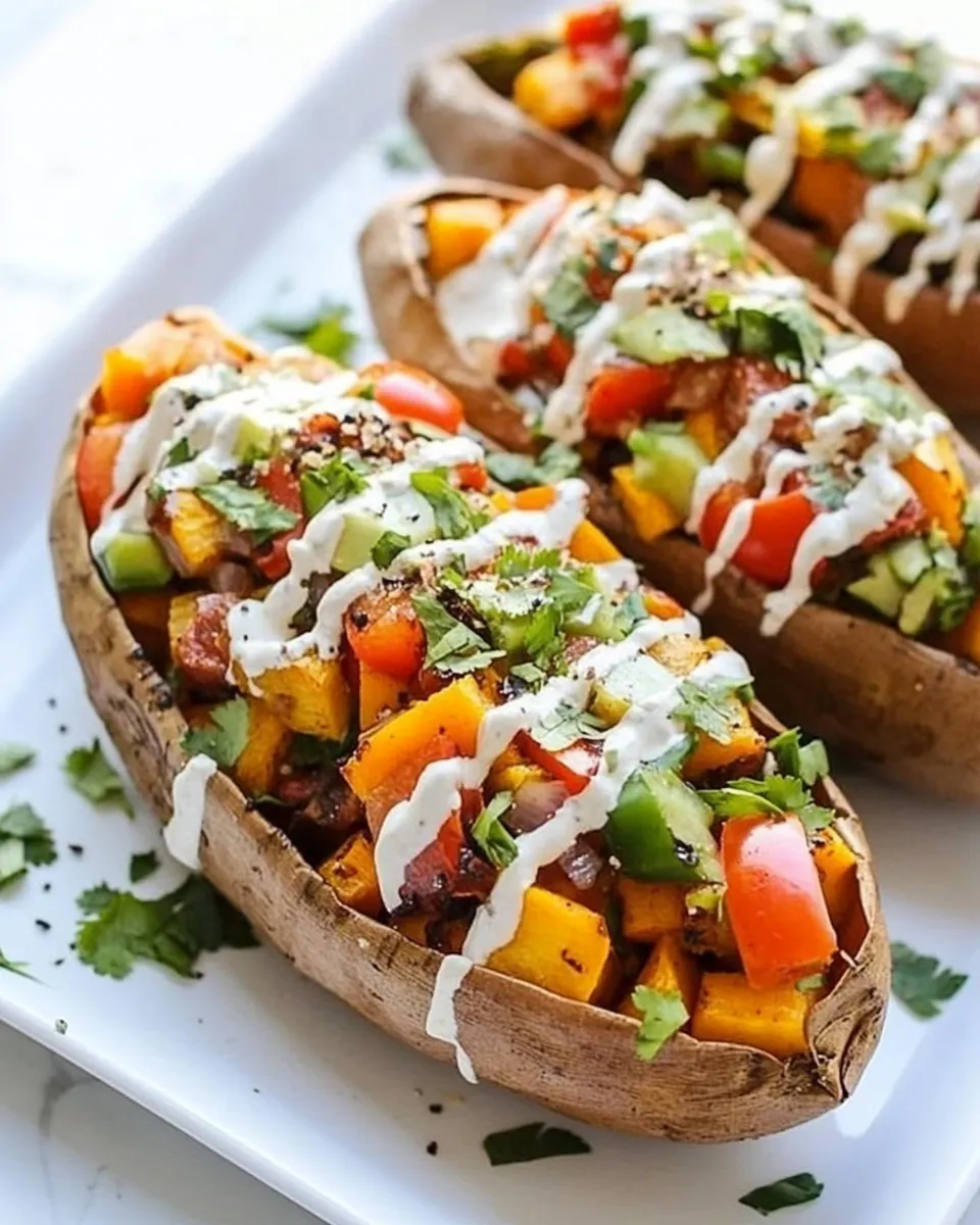Quick Veggie Fajita Stuffed Sweet Potatoes with a Chipotle Drizzle. shot