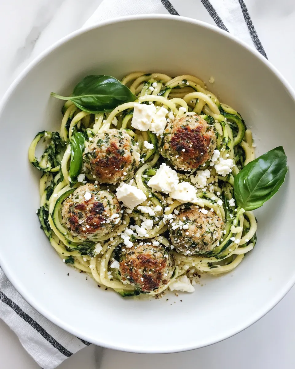 Amazing Zucchini Noodles with Mini Chicken Feta and Spinach Meatballs. photo
