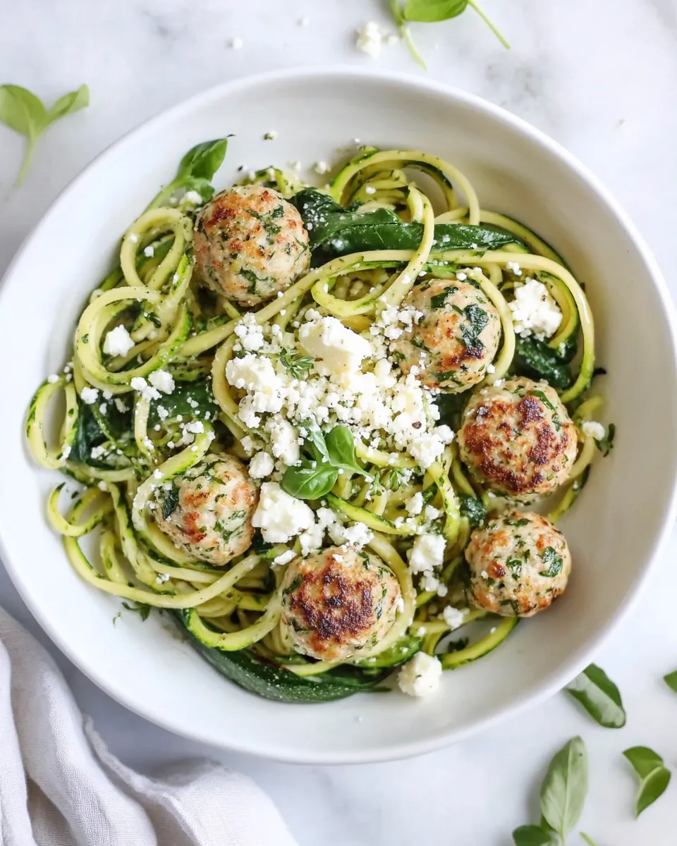 Healthy Zucchini Noodles with Mini Chicken Feta and Spinach Meatballs. shot