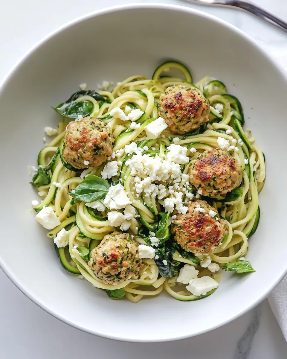 Simple Zucchini Noodles with Mini Chicken Feta and Spinach Meatballs. shot